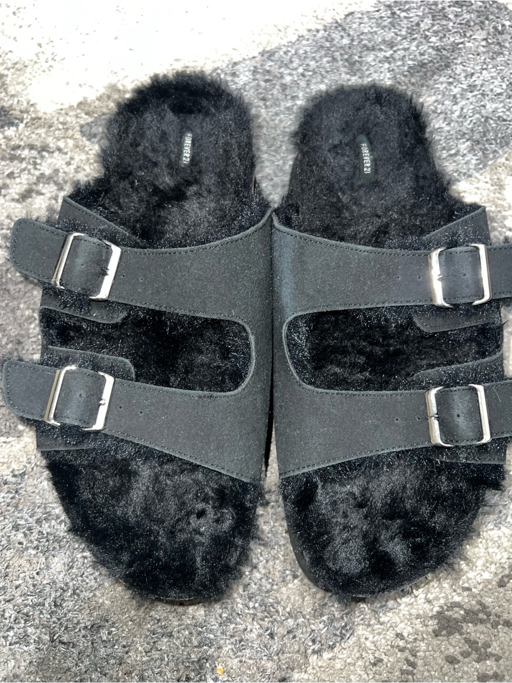 Forever 21 Faux Fur Double-Strap Slide Sandals - Black size 9